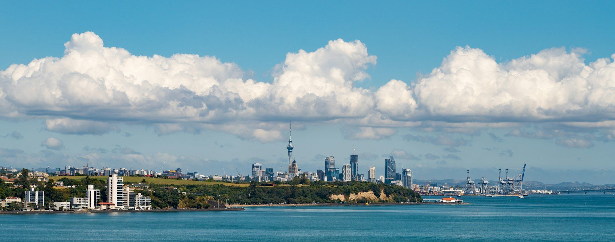 Auckland skyline and harbour under blue sky and white clouds